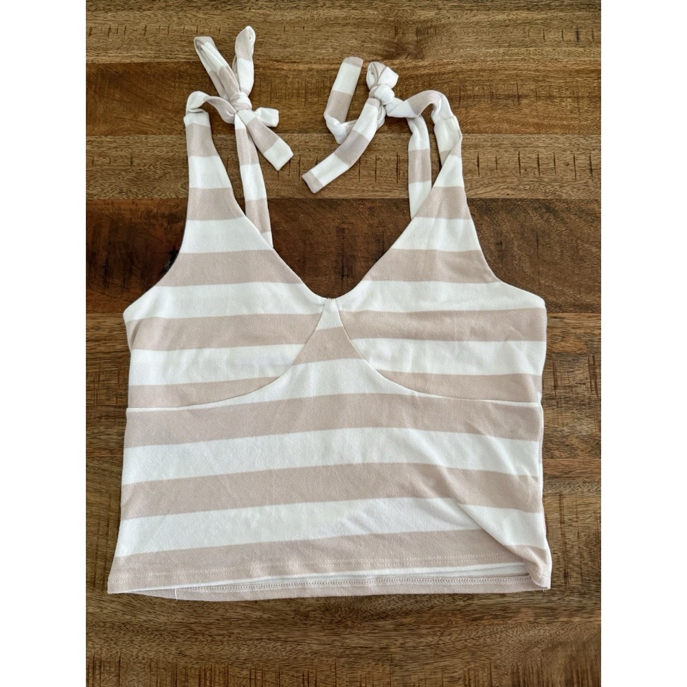 Heatherly Womens XL Tie Shoulder Crop Top Beige Stripe Stretch Bralette Tank